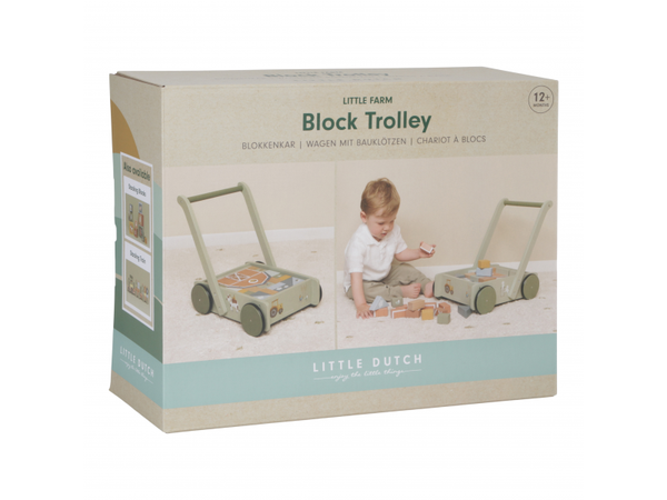 VOZÍČEK S KOCKAMI DREVENÝ FARMA