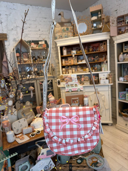 RUŽOVÁ KÁROVANÁ KABELKA PRE DETI S MAŠLIČKOU🎀