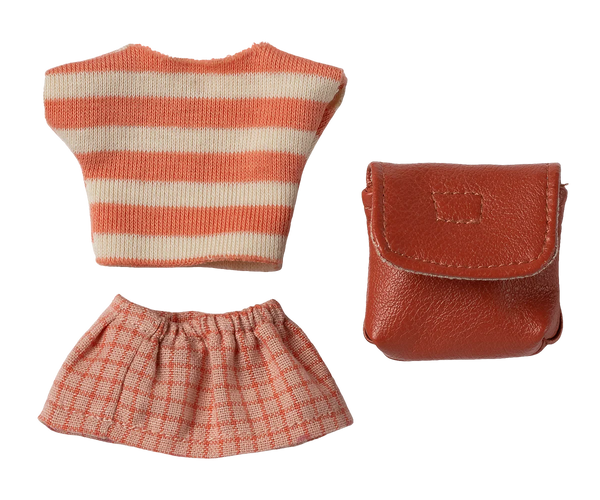 OBLEČENIE PRE MYŠKY MAILEG – SUKŇA, TRIČKO A BATOH - VEĽKÁ SESTRIČKA coral