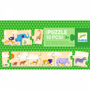 POSTUPOVÉ PUZZLE MALÝ, VAČŠÍ, NAJVAČŠÍ AFRICkÉ ZVIERATÁ